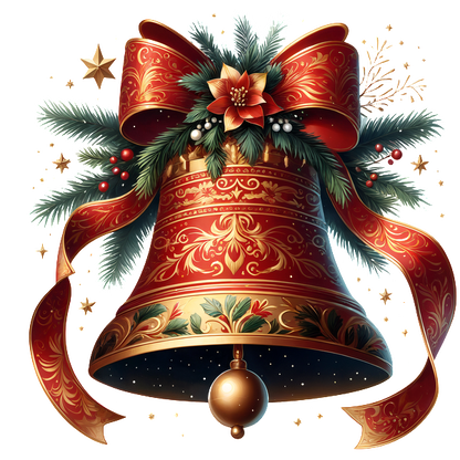 A beautifully decorated red Christmas bell adorned with festive greenery, a large bow, and intricate gold patterns. dtf transfers