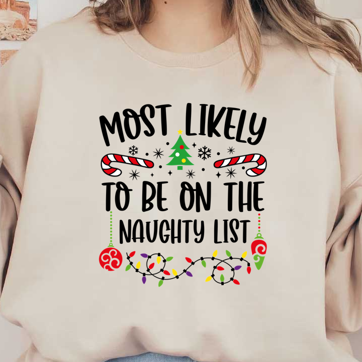 A whimsical holiday design featuring a festive Christmas tree, candy canes, and colorful ornaments, perfect for seasonal celebrations.DTF Transfers dtf transfersdtf regular iron