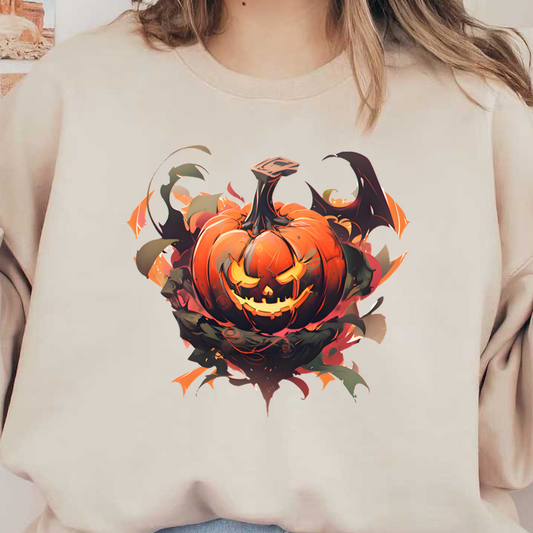 A whimsical, grinning jack-o'-lantern surrounded by swirling leaves and bats, capturing the spooky spirit of Halloween. dtf transfers