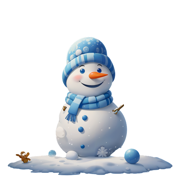 A cheerful cartoon snowman adorned with a blue scarf and hat, standing playfully in a snowy landscape.DTF Transfersdtf regular iron