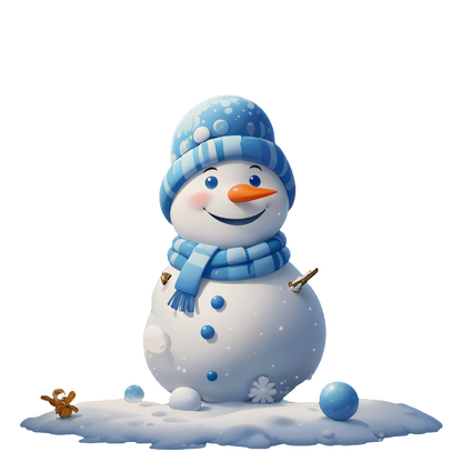 A cheerful cartoon snowman adorned with a blue scarf and hat, standing playfully in a snowy landscape.DTF Transfersdtf regular iron