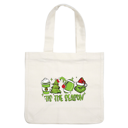 Celebrate the holiday spirit with this playful graphic featuring a festive drink, Christmas tree, football, and the Grinch!DTF Transfers heat press transfers heat press transfers