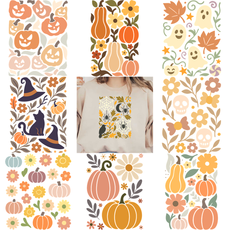 Cozy beige sweatshirt featuring a whimsical autumn design with spiders and a crow.DTF Transfers