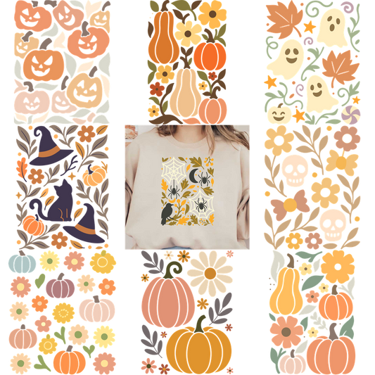 Cozy beige sweatshirt featuring a whimsical autumn design with spiders and a crow.DTF Transfers