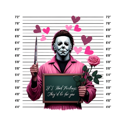 A whimsical illustration featuring a character in a pink outfit holding a sign that says, "If I Had Feelings, They'd Be for You," alongside a rose and surrounded by hearts. dtf transfers