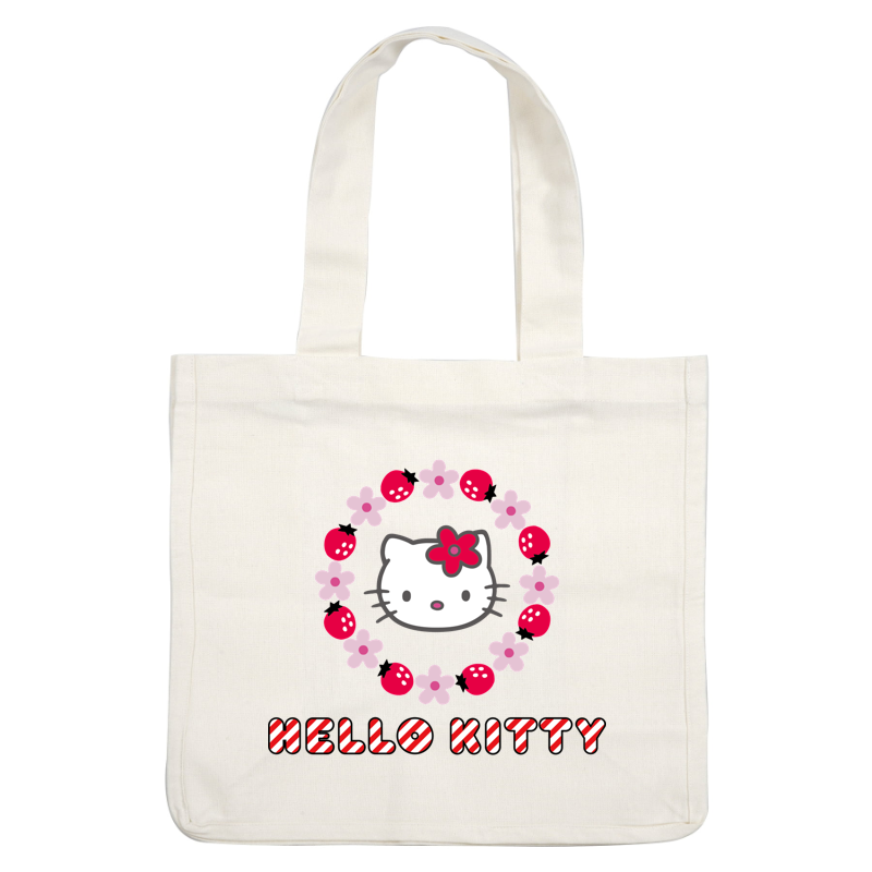 Bright and cheerful Hello Kitty logo surrounded by flowers and strawberries, perfect for fans of this iconic character!DTF Transfers