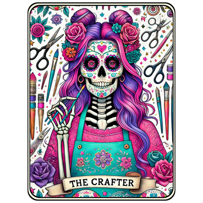 A vibrant Day of the Dead-themed illustration featuring a skeleton with colorful hair, holding crafting tools against a floral backdrop. dtf transfers