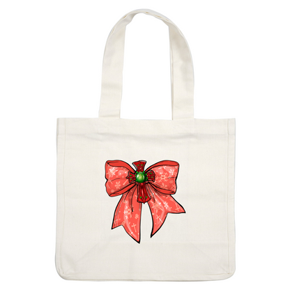 A festive red bow featuring snowflake patterns and a green gemstone center, perfect for holiday decorations. dtf prints