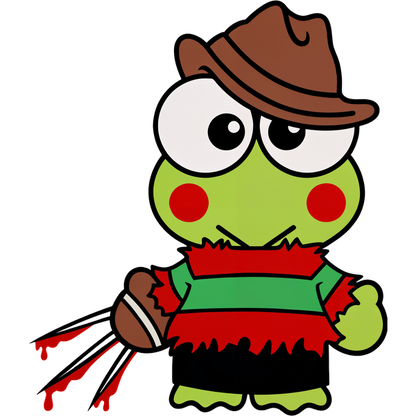 A cute, cartoonish green frog character dressed in a striped shirt and brown hat, holding a bloodied glove.DTF Transfersdtf regular iron