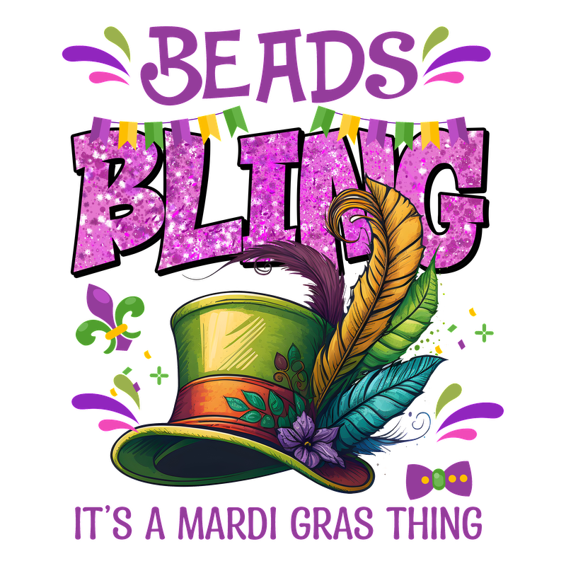 Celebrate Mardi Gras with this vibrant design featuring a colorful top hat adorned with feathers and playful beads!DTF Transfers