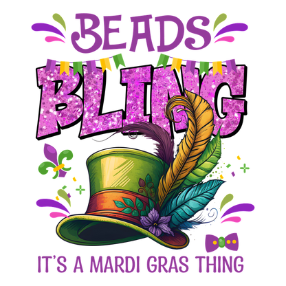 Celebrate Mardi Gras with this vibrant design featuring a colorful top hat adorned with feathers and playful beads!DTF Transfers