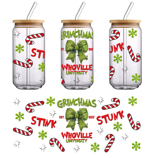 Celebrate a whimsical "Grinchmas" with playful candy cane designs and festive colors, featuring the vibrant spirit of Whoville!UV Transfers heat press transfers