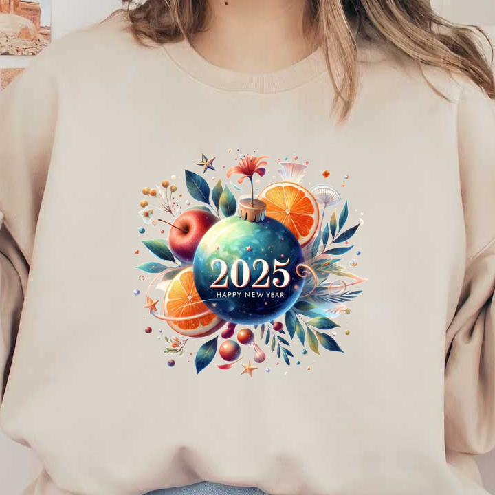 Celebrate the New Year with this vibrant design featuring a decorative ornament, fresh fruits, and the message "2025 Happy New Year."DTF Transfers