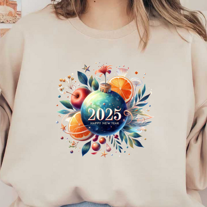 Celebrate the New Year with this vibrant design featuring a decorative ornament, fresh fruits, and the message "2025 Happy New Year."DTF Transfers