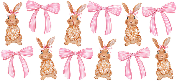 A charming collection of decorative bunny cookies adorned with pink bows and intricate icing designs, perfect for festive occasions.UV Transfers dtf prints