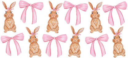 A charming collection of decorative bunny cookies adorned with pink bows and intricate icing designs, perfect for festive occasions.UV Transfers dtf prints