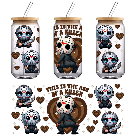 A playful and quirky illustration featuring a cartoonish character with a hockey mask, surrounded by hearts and a cheeky slogan.UV Transfers dtf prints