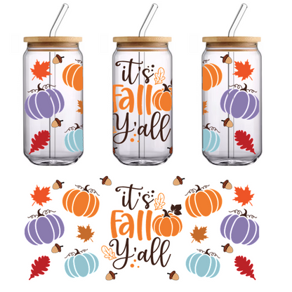 Celebrate the autumn season with this vibrant "It's Fall Y'all" design featuring colorful pumpkins and autumn leaves.UV Transfers dtf prints