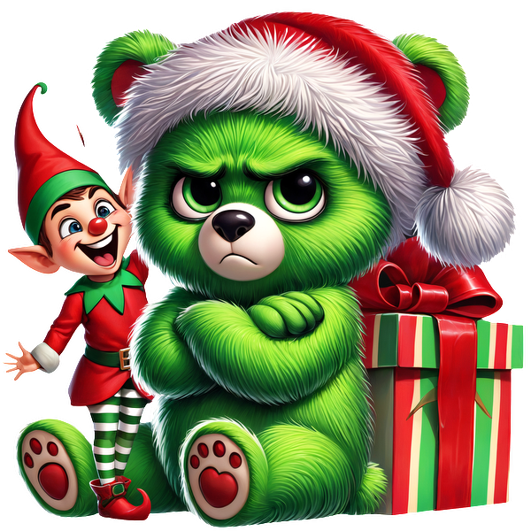 A grumpy green teddy bear in a Santa hat stands next to a cheerful elf, with a beautifully wrapped Christmas gift.DTF Transfersdtf regular iron