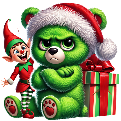 A grumpy green teddy bear in a Santa hat stands next to a cheerful elf, with a beautifully wrapped Christmas gift.DTF Transfersdtf regular iron