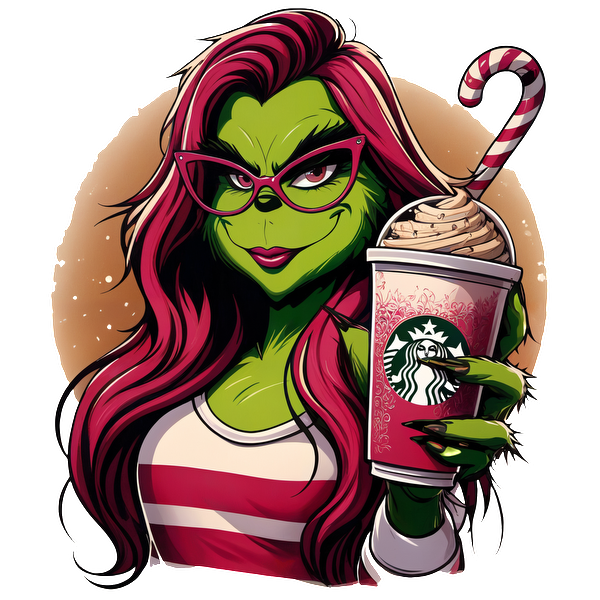 A stylish, green-skinned character with vibrant pink hair, wearing glasses and holding a festive Starbucks drink topped with whipped cream.DTF Transfers dtf prints