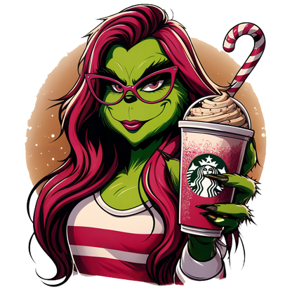 A stylish, green-skinned character with vibrant pink hair, wearing glasses and holding a festive Starbucks drink topped with whipped cream.DTF Transfers dtf prints