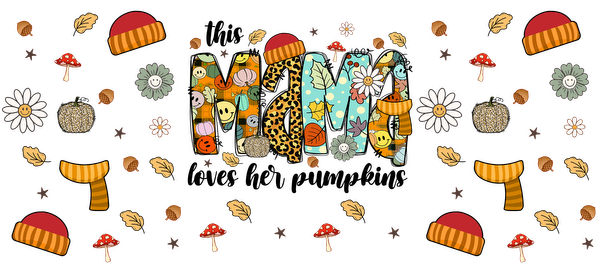 A playful and colorful "MOM" design featuring various patterns, flowers, and autumn-themed elements like scarves and mushrooms.UV Transfersdtf regular iron