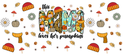 A playful and colorful "MOM" design featuring various patterns, flowers, and autumn-themed elements like scarves and mushrooms.UV Transfersdtf regular iron