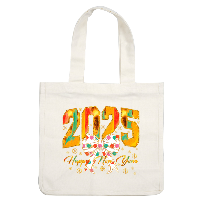 Celebrate the arrival of 2025 with this vibrant "Happy New Year" design featuring colorful numbers and a festive polka-dotted bow!DTF Transfers heat press transfers heat press transfers