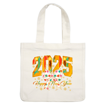 Celebrate the arrival of 2025 with this vibrant "Happy New Year" design featuring colorful numbers and a festive polka-dotted bow!DTF Transfers heat press transfers heat press transfers