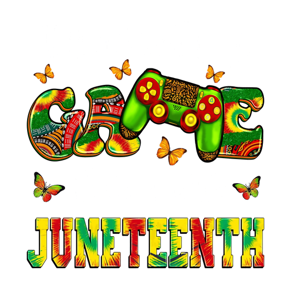 Celebrate Juneteenth with this vibrant graphic featuring a colorful game controller and playful butterflies, highlighting a pause for reflection. dtf prints