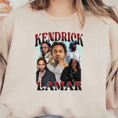 A vibrant collage featuring multiple images of Kendrick Lamar, showcasing his diverse styles and iconic presence.DTF Transfers dtf prints