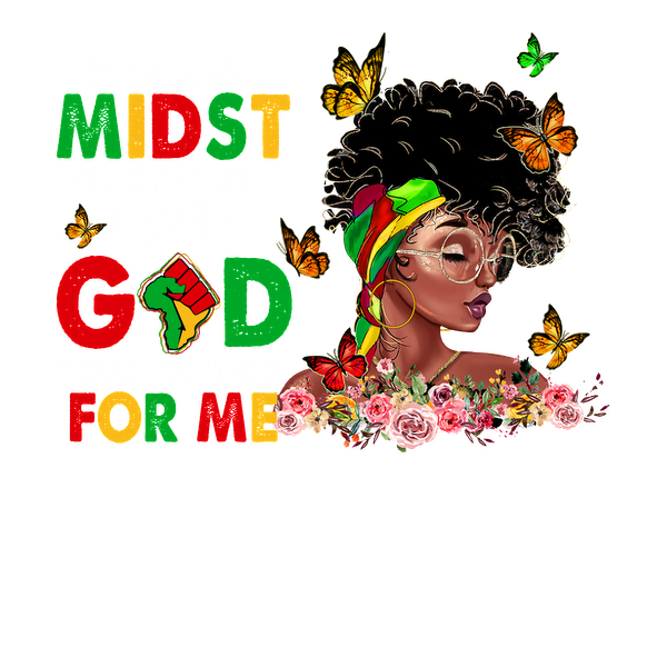 A vibrant, artistic illustration featuring a woman with curly hair, glasses, and a colorful headband, surrounded by inspirational text and flowers. dtf prints