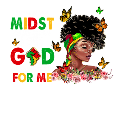 A vibrant, artistic illustration featuring a woman with curly hair, glasses, and a colorful headband, surrounded by inspirational text and flowers. dtf prints