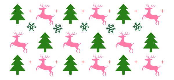 A whimsical pattern featuring playful pink reindeer, vibrant green trees, and festive decorations, perfect for holiday cheer!UV Transfers