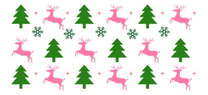 A whimsical pattern featuring playful pink reindeer, vibrant green trees, and festive decorations, perfect for holiday cheer!UV Transfers