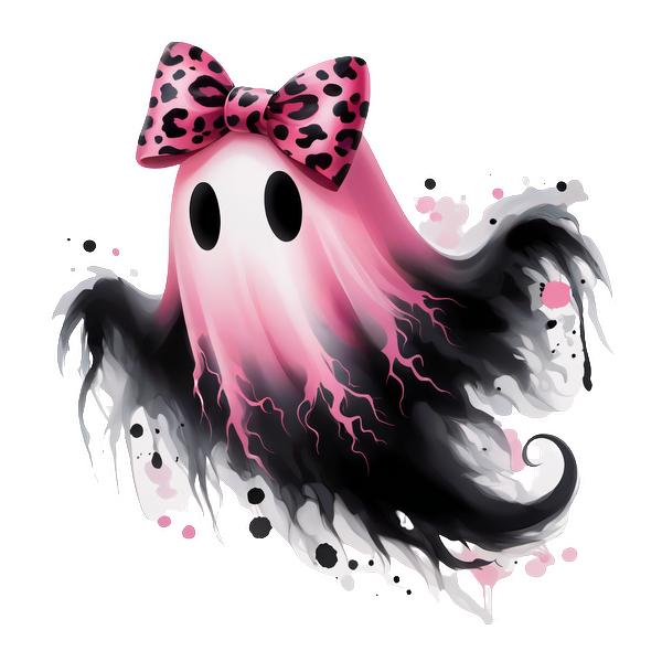 Un lindo personaje fantasma con un lazo con estampado de leopardo rosa, que presenta una combinación de colores rosa y negro para una apariencia divertida.