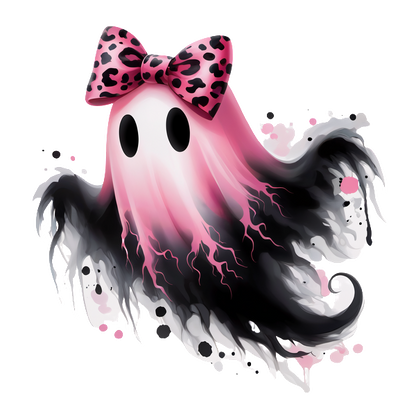 Un lindo personaje fantasma con un lazo con estampado de leopardo rosa, que presenta una combinación de colores rosa y negro para una apariencia divertida.