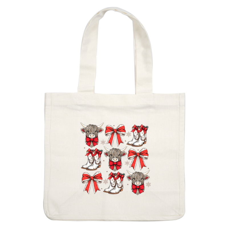 A charming illustration featuring Western boots, festive bows, and Highland cow heads, all adorned with red ribbons and holiday flair. dtf prints