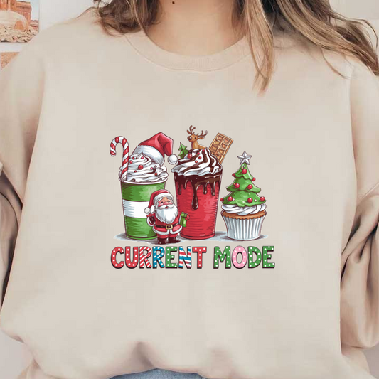 Whimsical holiday-themed illustration featuring festive drinks, a cheerful Santa, and a decorated tree with the phrase "CURRENT MODE."