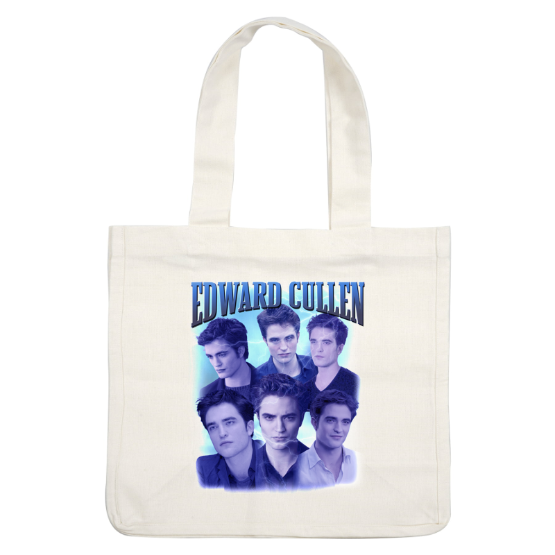 A striking collage of Edward Cullen showcasing multiple expressions against a blue, lightning-themed background.DTF Transfers dtf prints