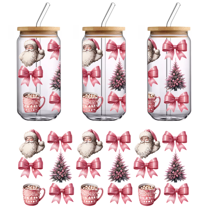 A festive collection featuring Santa, pink bows, pink Christmas trees, and mugs of hot cocoa, perfect for holiday decor.UV Transfers dtf transfers