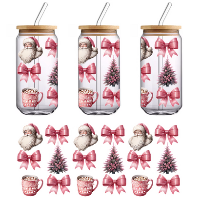 A festive collection featuring Santa, pink bows, pink Christmas trees, and mugs of hot cocoa, perfect for holiday decor.UV Transfers dtf transfers