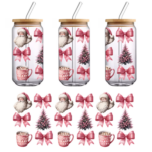 A festive collection featuring Santa, pink bows, pink Christmas trees, and mugs of hot cocoa, perfect for holiday decor.UV Transfers dtf transfers