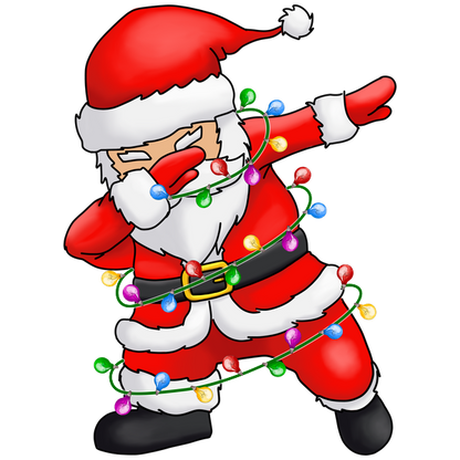 A playful cartoon Santa dabs while wrapped in colorful Christmas lights, bringing festive cheer and humor. dtf transfers