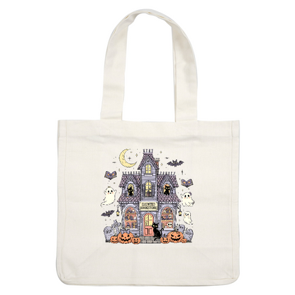 A whimsical haunted bookstore features ghosts, cats, pumpkins, and spooky decorations.DTF Transfers