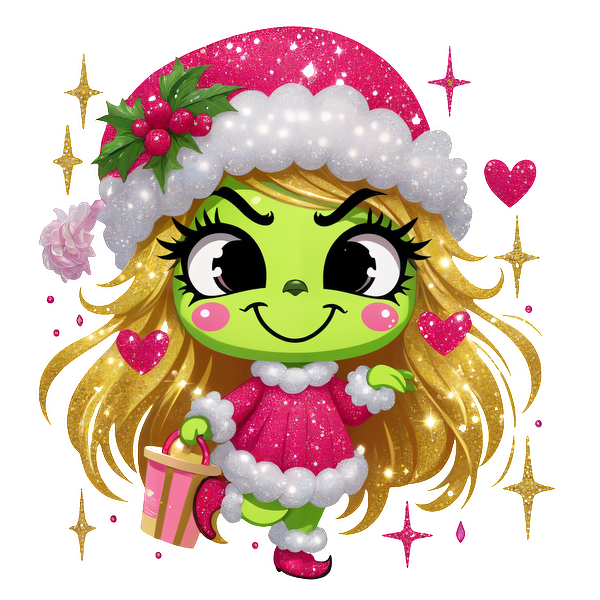 A festive green character in a pink holiday outfit with a fluffy white trim, holding a gift, spreading cheer and joy.DTF Transfers dtf prints