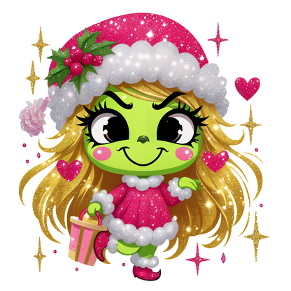 A festive green character in a pink holiday outfit with a fluffy white trim, holding a gift, spreading cheer and joy.DTF Transfers dtf prints