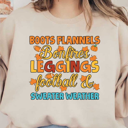 ¡Celebre las acogedoras vibraciones del otoño con un diseño divertido que incluye elementos como botas, franelas, fogatas, leggings y fútbol!