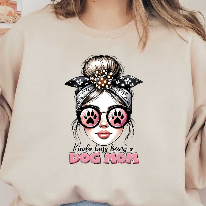 "Busy dog mom in stylish glasses with paw print reflections."DTF Transfers
